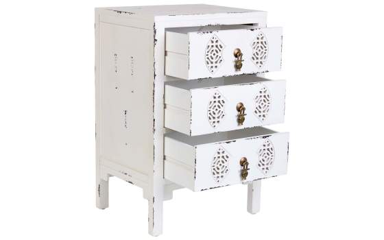 Mesita Oriental Blanca Desgastada 3 Cajones Serie Makalu