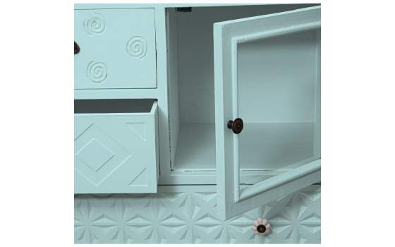 Mueble Recibidor Azul 7 Cajones Tallados 1 Puerta Atderas