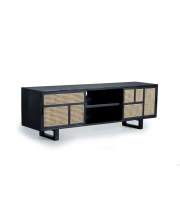 Mueble TV 2 Puertas Correderas Negro Rattan Serie Atenea