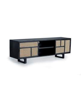 Mueble TV 2 Puertas Correderas Negro Rattan Serie Atenea