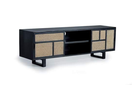Mueble TV 2 Puertas Correderas Negro Rattan Serie Atenea