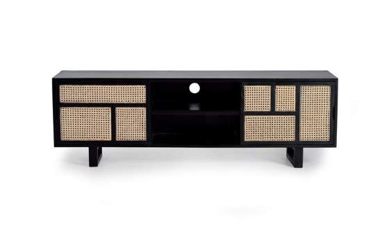 Mueble TV 2 Puertas Correderas Negro Rattan Serie Atenea