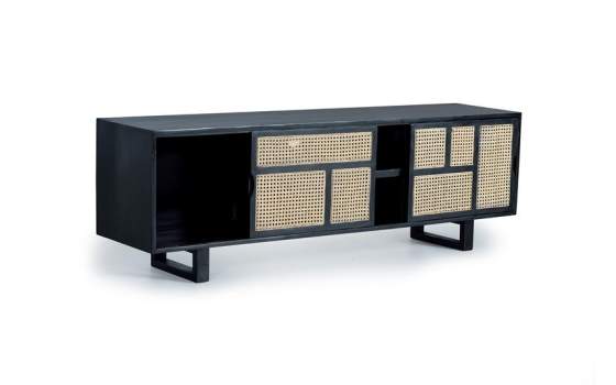 Mueble TV 2 Puertas Correderas Negro Rattan Serie Atenea