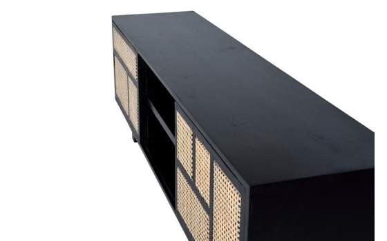 Mueble TV 2 Puertas Correderas Negro Rattan Serie Atenea