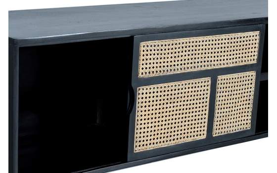 Mueble TV 2 Puertas Correderas Negro Rattan Serie Atenea