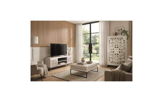 Mueble TV Bajo Blanco Tallado 2 Puertas - Serie Mykonos
