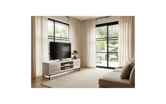 Mueble TV Bajo Blanco Tallado 2 Puertas - Serie Mykonos