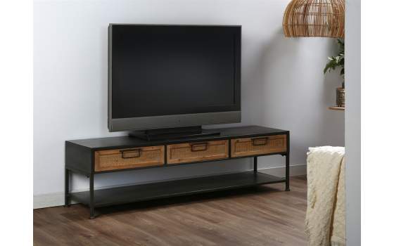 Mueble TV con 3 Cajones Negro y Ratan Serie Yume