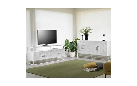 Mueble TV Etnico Oriental Blanco 2 Cajones Tallados Arkaya