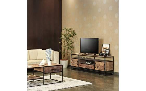 Mueble TV Largo Industrial Madera Acacia y Acero Delhi