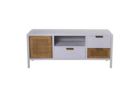 Mueble TV Madera Blanca y Rattan Serie Alcober