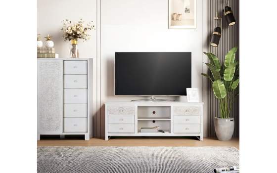 Mueble TV Madera Mango Blanco Decapado 6 Cajones Ayueto