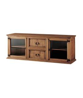 Mueble TV Rustico 2 Puertas Acristaladas 2 Cajones en Pino