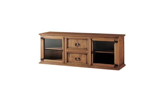 Mueble TV Rustico 2 Puertas Acristaladas 2 Cajones en Pino