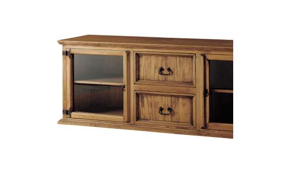 Mueble TV Rustico 2 Puertas Acristaladas 2 Cajones en Pino