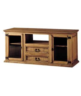 Mueble TV Rustico 2 Puertas Acristaladas 2 Cajones Estante en Pi