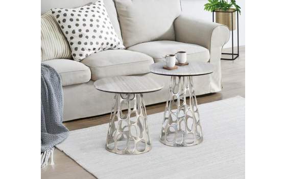 Set 2 Mesas Redondas con Tapa Marmol Base Aluminio Basei