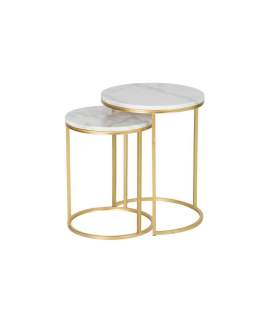 Set 2 Mesas Nido Auxiliares Redondas Marmol Blanco Oro Aelsop