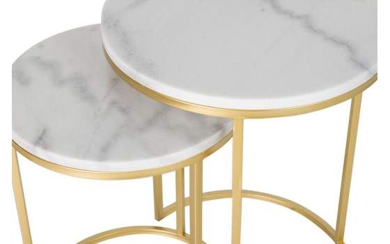 Set 2 Mesas Nido Auxiliares Redondas Marmol Blanco Oro Aelsop