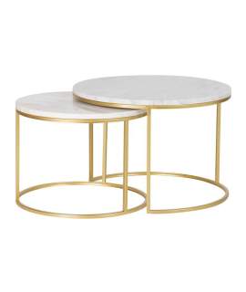 Set 2 Mesas Nido Redondas Marmol Blanco Metal Oro Aelsop