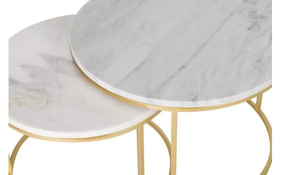 Set 2 Mesas Nido Redondas Marmol Blanco Metal Oro Aelsop
