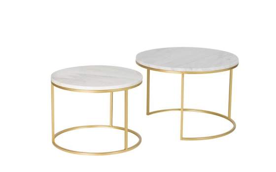 Set 2 Mesas Nido Redondas Marmol Blanco Metal Oro Aelsop
