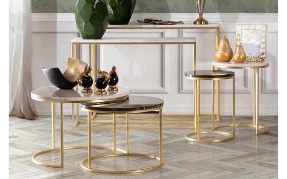 Set 2 Mesas Nido Redondas Negro y Blanco Oro Serie Aelsop