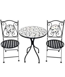 Set 2 Sillas y Mesa Forja Negra Ceramica Blanca Exterior Audyn