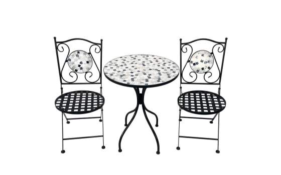 Set 2 Sillas y Mesa Forja Negra Ceramica Blanca Exterior Audyn