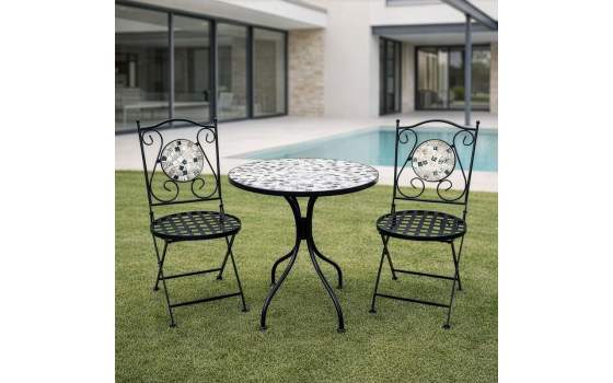 Set 2 Sillas y Mesa Forja Negra Ceramica Blanca Exterior Audyn