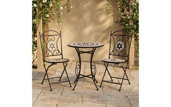 Set de Mesa Redonda y 2 Sillas en Forja y Cerámica Serie Audyn