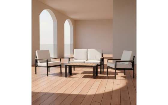 Set Sofá, 2 Sillones y Mesa Aluminio y Resina Madera Adarbe