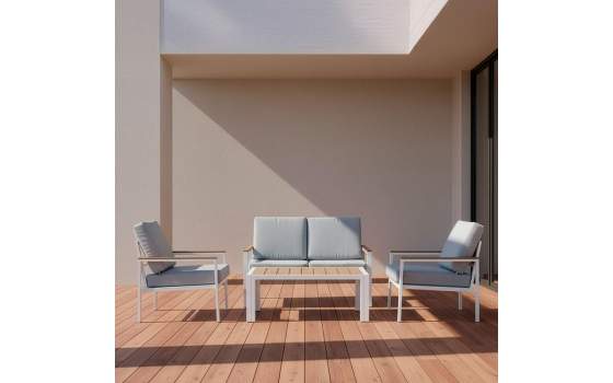 Set Sofa, 2 Sillones Mesa Aluminio Blanco Resina Serie Adarbe