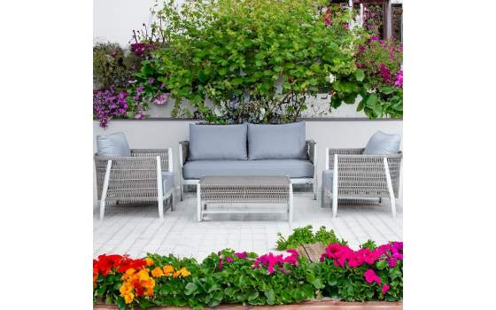 Set Sofa, 2 Sillones y Mesa Centro Aluminio Blanco Serie Accurti