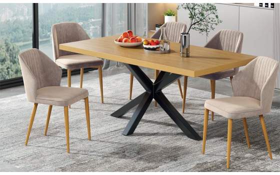 Silla Comedor Tapizada Beige y Patas Natural Serie Anube