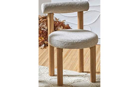Silla Tapizada Rizo Suave Beige Patas  Madera Taysan