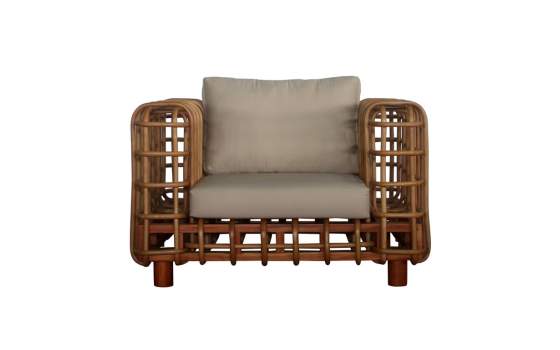 Sillón 1 Plaza Rattan Natural Cojín en Gris Enrejado