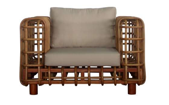 Sillón 1 Plaza Rattan Natural Cojín en Gris Enrejado
