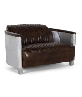 Sofa 2 Plazas Actual  Madera Aluminio y Piel Marron Serie Alduan