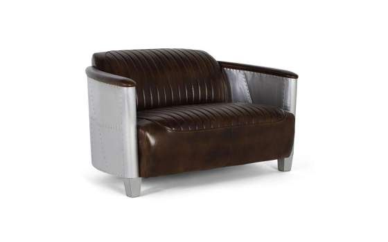 Sofa 2 Plazas Actual  Madera Aluminio y Piel Marron Serie Alduan