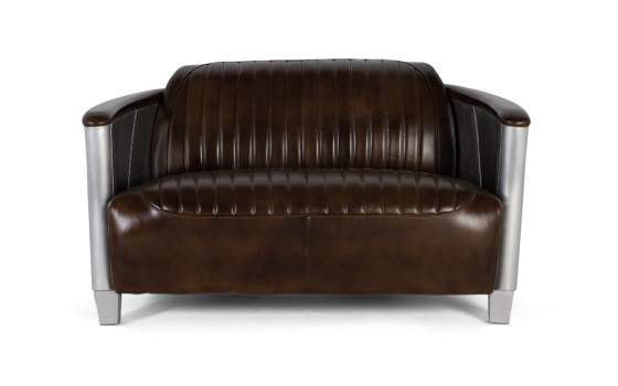 Sofa 2 Plazas Actual  Madera Aluminio y Piel Marron Serie Alduan