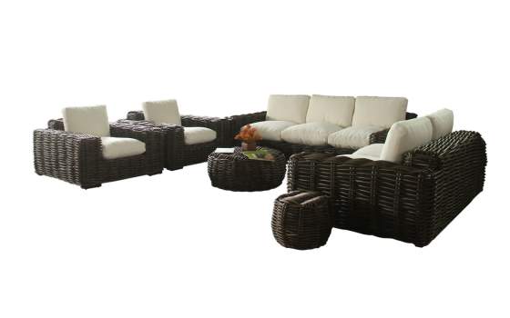 Sofá 2 Plazas Rattan Negro Glaseado Cojín en Blanco Arcarna