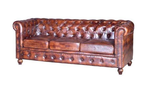 Sofa Chester Tapizado Cuero Marron Viejo 3 Plazas Serie Alinas