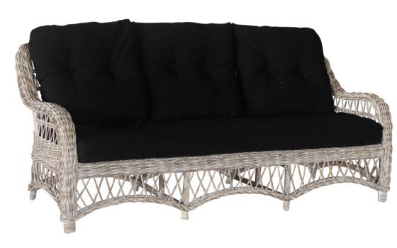 Sofa de 3 Plazas en Rattan Gris con Cojines en Negro Kubu