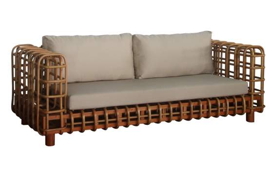Sofá Grande Rattan Natural Cojín en Gris Enrejado