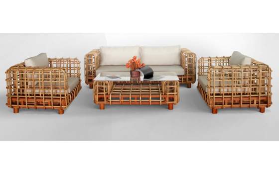 Sofá Grande Rattan Natural Cojín en Gris Enrejado