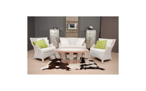 Sofa Tresillo 2 Plazas Rattan Madera Patinado Blanco  Melbourne