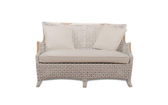 Sofa Tresillo 2 Plazas Rattan Madera Patinado Blanco  Melbourne