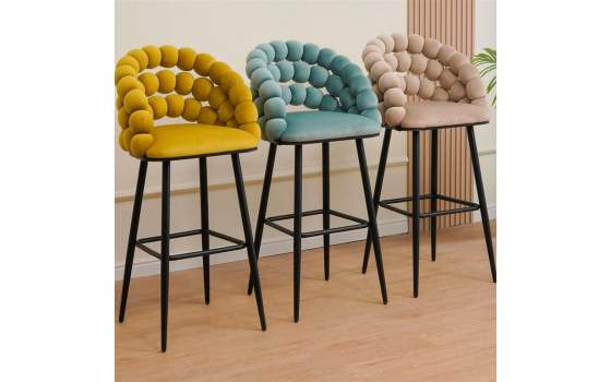 Taburete Alto Tapizado Terciopelo Amarillo Patas Acero Nimpha