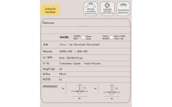Ventilador Blanco Nogal Palas Reversibles
